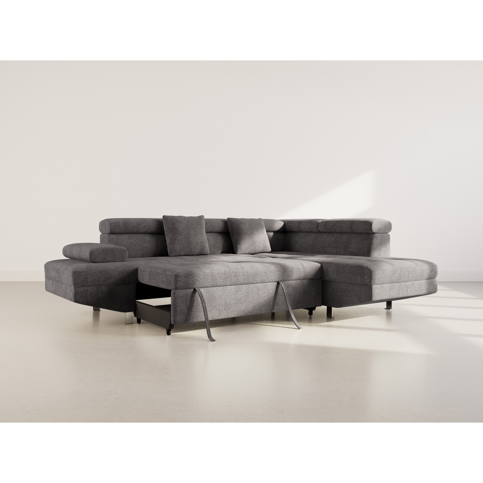 Margaux - Canapé d'angle droit 5 places convertible avec coffre et têtières réglables en velours texturé - Gris