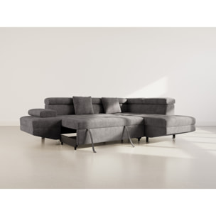 Margaux - Canapé d'angle droit 5 places convertible avec coffre et têtières réglables en velours texturé - Gris