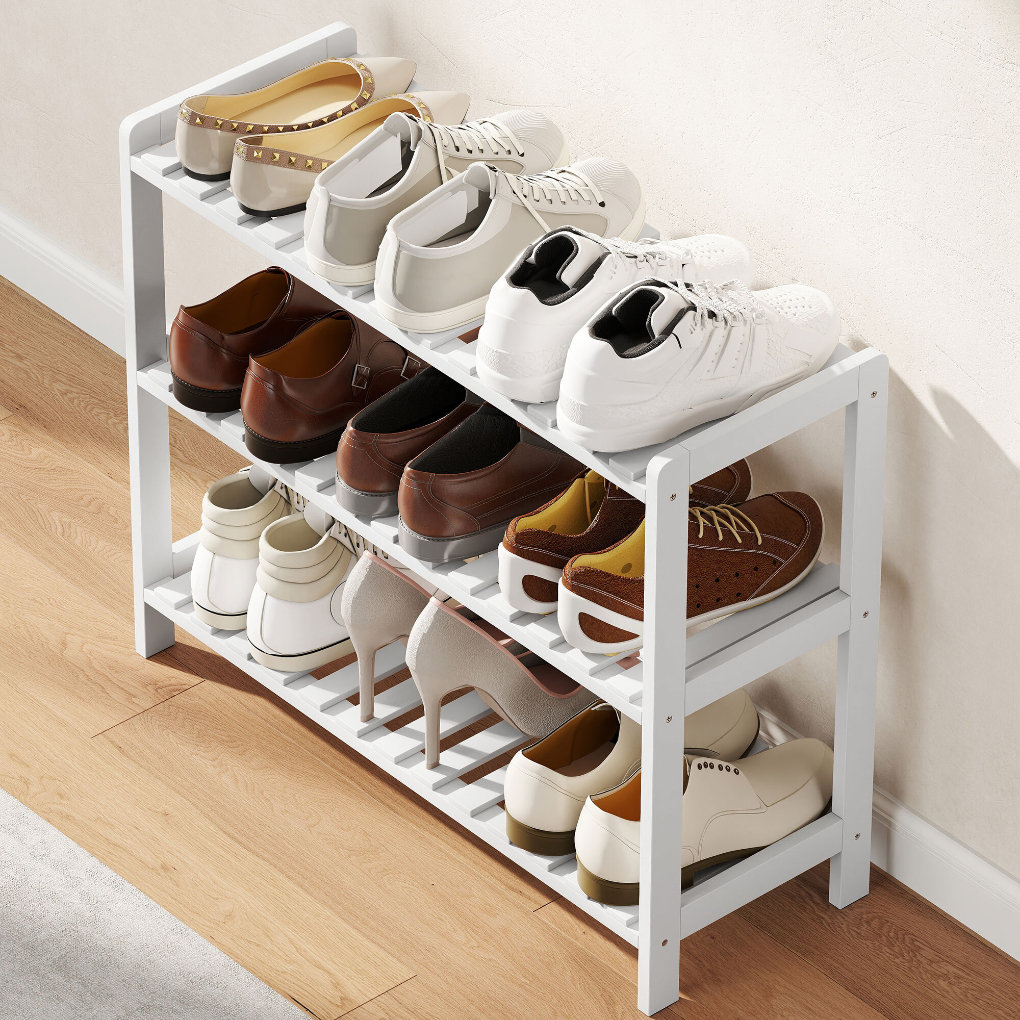 Meuble à chaussures range-chaussures 3 niveaux MDF bambou blanc