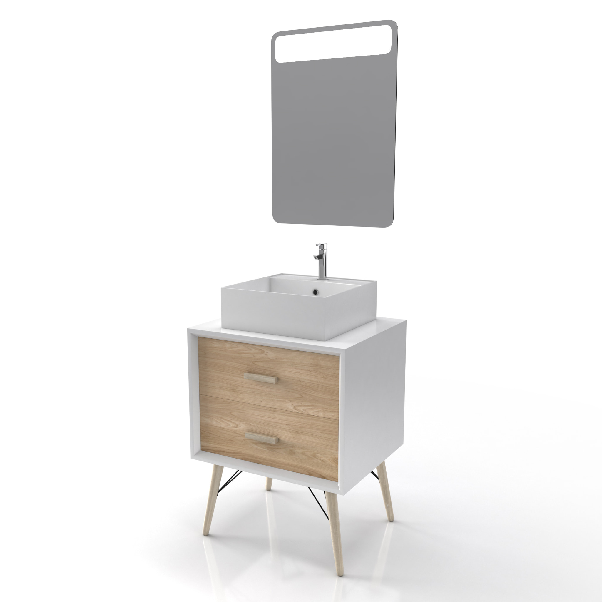 MEUBLE SALLE DE BAIN SCANDINAVE BLANC ET BOIS NATUREL 60cm AVEC TIROIRS, VASQUE A POSER - MIROIR