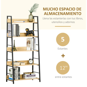 Estantería Librería de 5 Niveles Estantería de Salón Estantería para Libros con Marco de Metal Carga 25 kg para Oficina Estudio 70x35x149,5 cm Natural