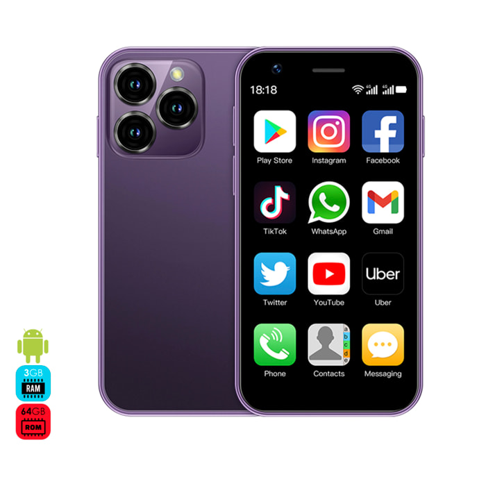 Mini smartphone XS16 4G, Android, 3GB RAM + 64GB. Schermo da 3''. Doppia scheda SIM.