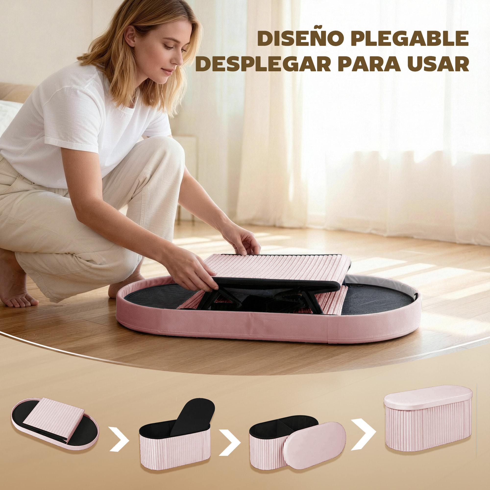 Puff Almacenaje, Banco Almacenaje Plegable, 72 L, 76x38x35 cm, Tapizado en Terciopelo, Baúl de Almacenamiento, Carga 120 kg, Taburete para Sala de Estar, Dormitorio, Entrada, Rosa