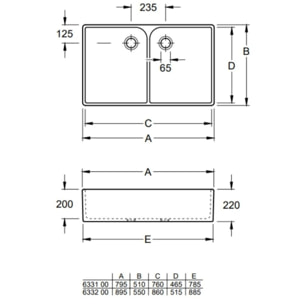 Evier 2 bacs blanc VILEROY ET BOCH O Novo 220 x 895 x 550 mm avec trop-plein