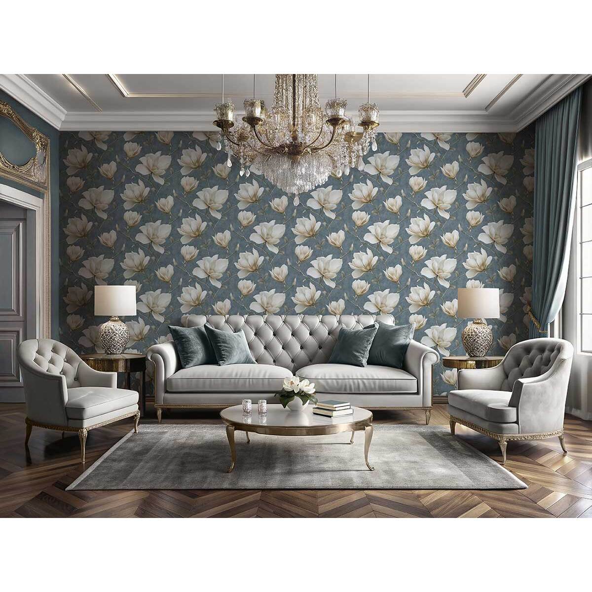 Papier peint magnolia blanc crème fond bleu ardoise