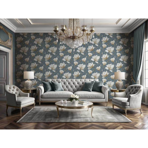 Papier peint magnolia blanc crème fond bleu ardoise