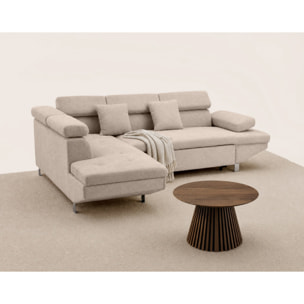 Margaux - Canapé d'angle gauche 5 places convertible avec coffre et têtières réglables en velours texturé - Beige