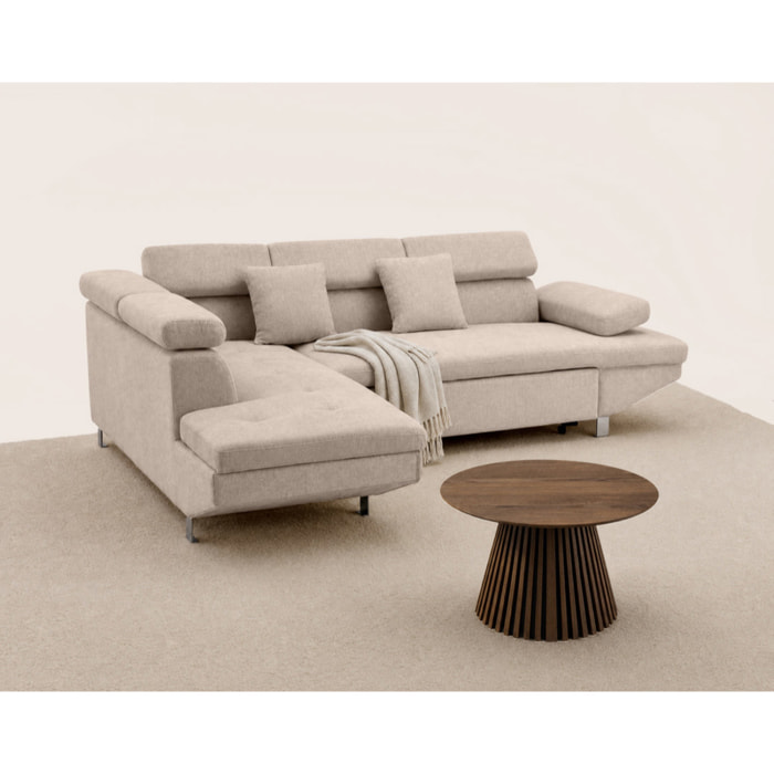 Margaux - Canapé d'angle gauche 5 places convertible avec coffre et têtières réglables en velours texturé - Beige