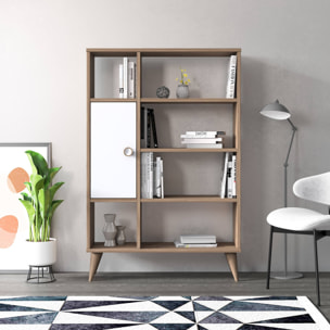 Libreria essenziale con sei scomparti aperti e un'anta battente, cm 80 x 25 x 121, colore quercia con dettaglio bianco