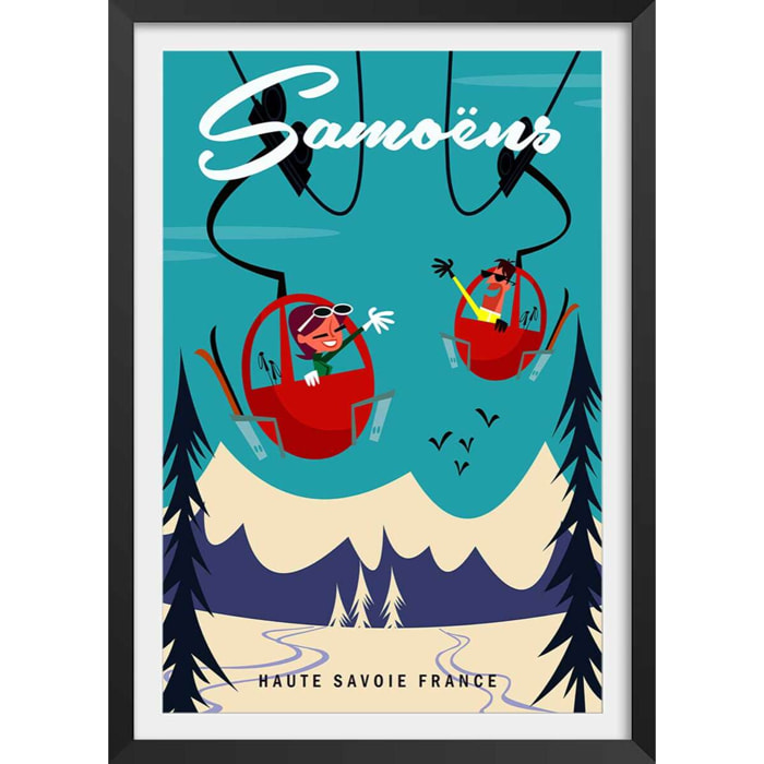 Poster ski à samoens Affiche + cadre en bois - Noir
