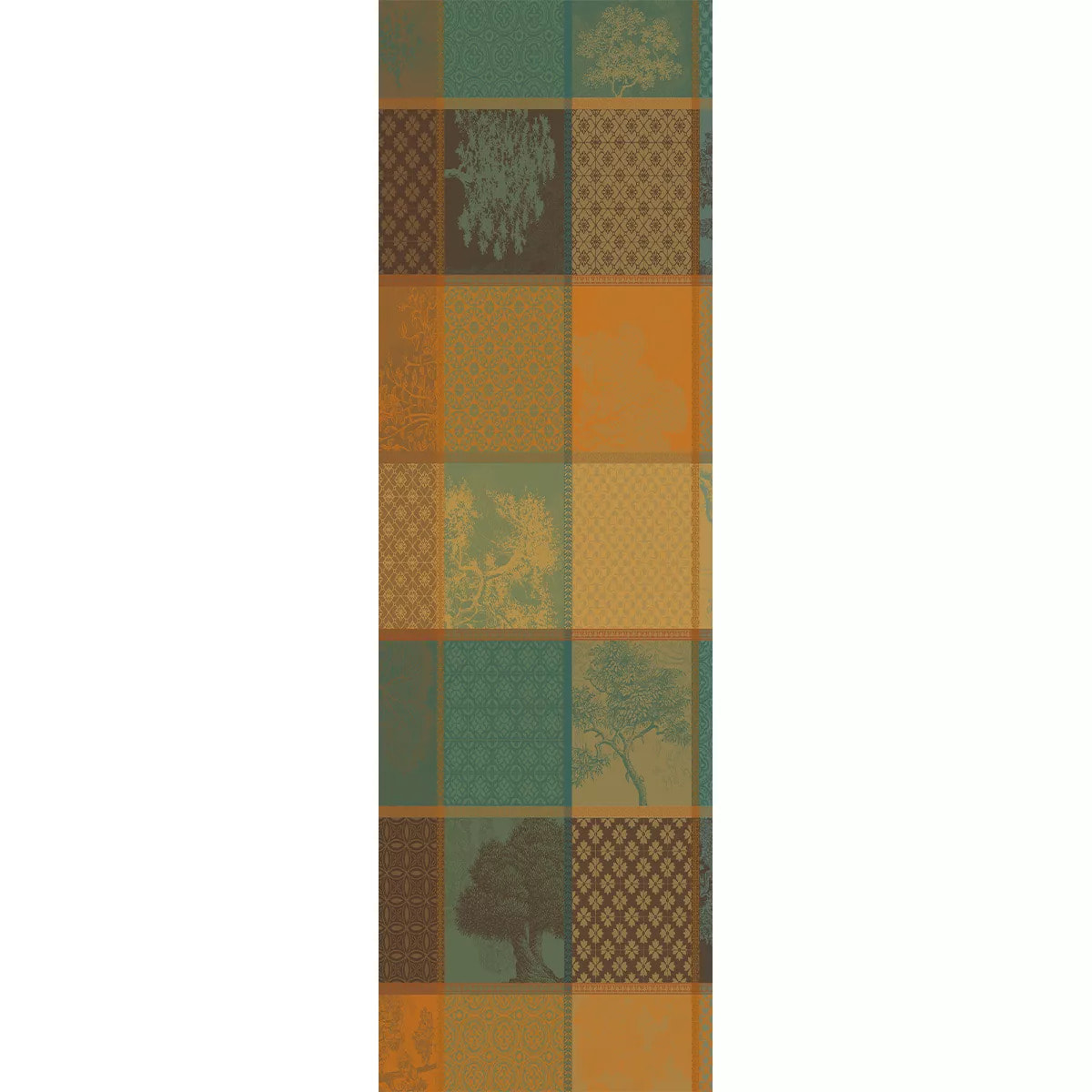Chemin de table pur coton 220 g/m² motif jacquard brun vert Mille trees foret