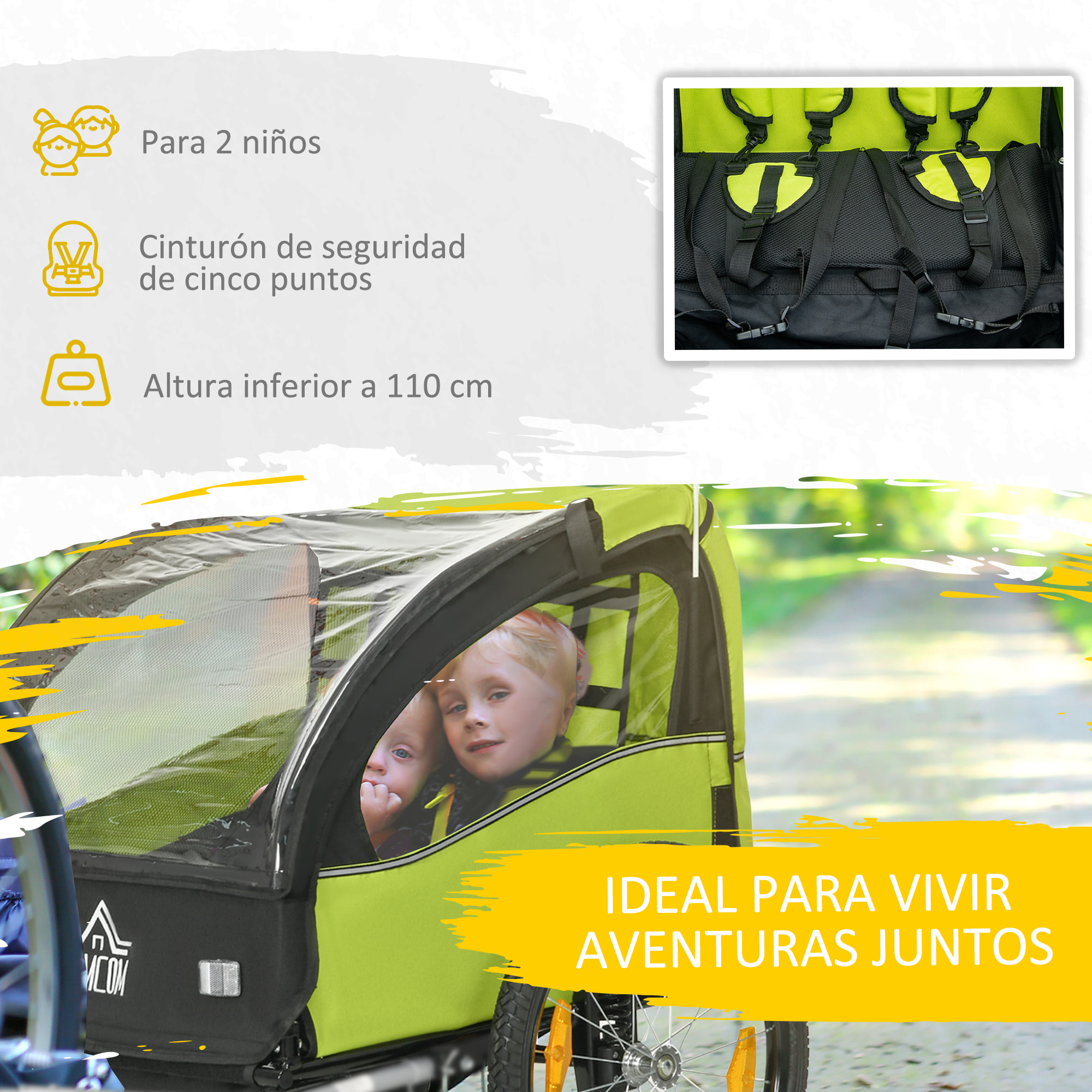 Remolque de Bicicleta para Niños +18 Meses Cochecito para Transporte de 2 Plazas con Cinturón de Seguridad Espacio de Almacenamiento y Sistema de Amortiguador 140x88x90 cm Verde