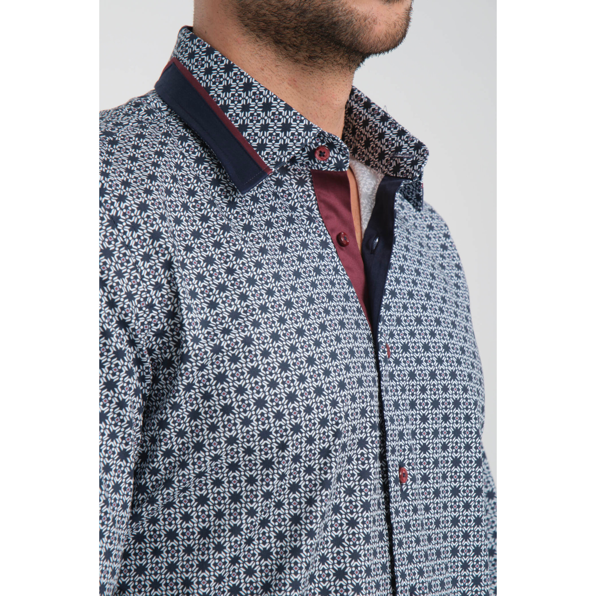 Camicia Uomo Italiano Slim Popeline Stretch Stampato Blu\Bianco