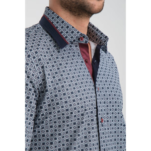 Camicia Uomo Italiano Slim Popeline Stretch Stampato Blu\Bianco