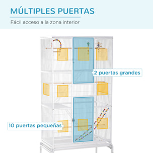 Jaula para Pájaros con Ruedas 83x53x180 cm Pajarera Metálica de 3 Niveles con 3 Perchas Comederos Juguetes Rampas y Estante de Almacenamiento para Canarios Periquitos Blanco