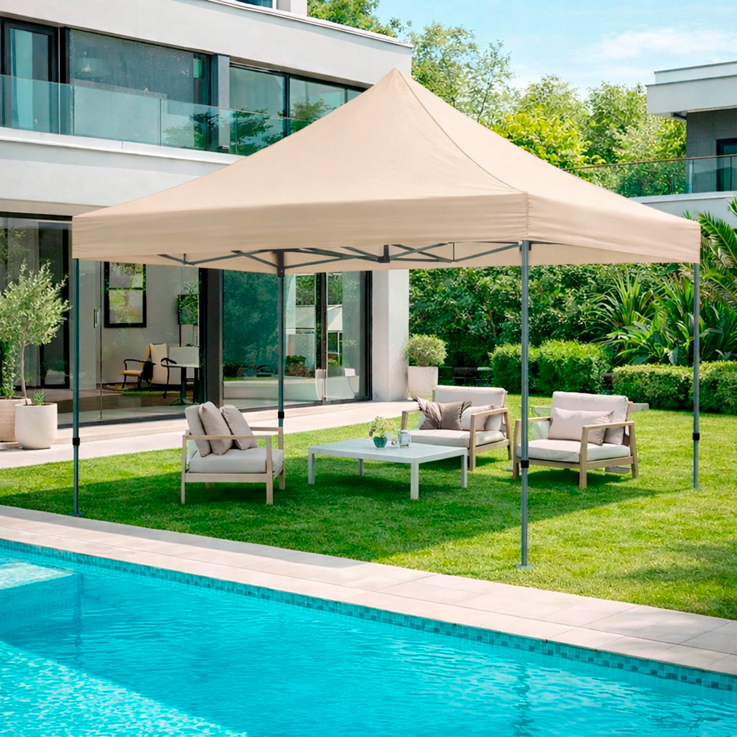 Gazebo Professionale 3x3 M Richiudibile Automatico In Acciaio Con Telo Oxford 1200D PVC Impermeabile e Anti UV A Fisarmonica con Sacche Beige