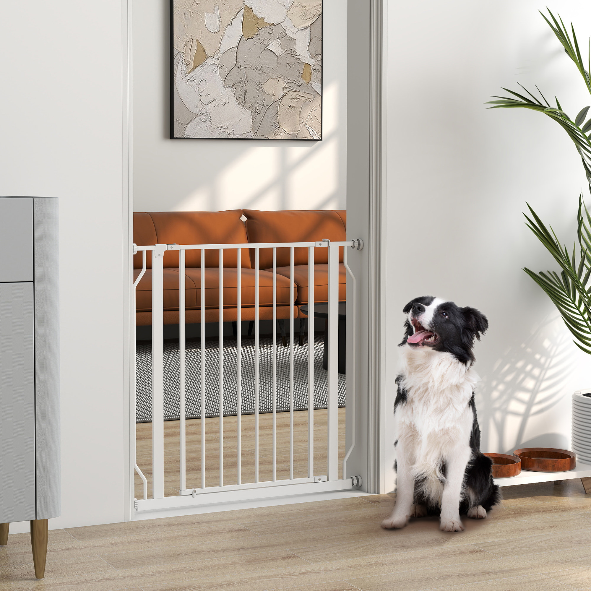 Barrera de Seguridad para Perros 75-85 cm para Puertas y Escaleras Puerta de Seguridad Apertura en Dos Sentidos y Solo una Mano Montaje a Presión y Doble Bloqueo Blanco