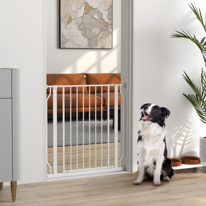 Barrera de Seguridad para Perros 75-85 cm para Puertas y Escaleras Puerta de Seguridad Apertura en Dos Sentidos y Solo una Mano Montaje a Presión y Doble Bloqueo Blanco