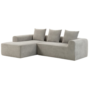 Canapé d'angle design arrondi 3 places larges accoudoirs 3 coussins tissu chenille gris clair