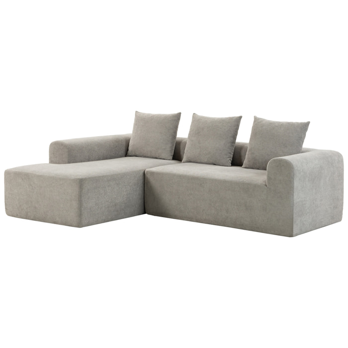 Canapé d'angle design arrondi 3 places larges accoudoirs 3 coussins tissu chenille gris clair
