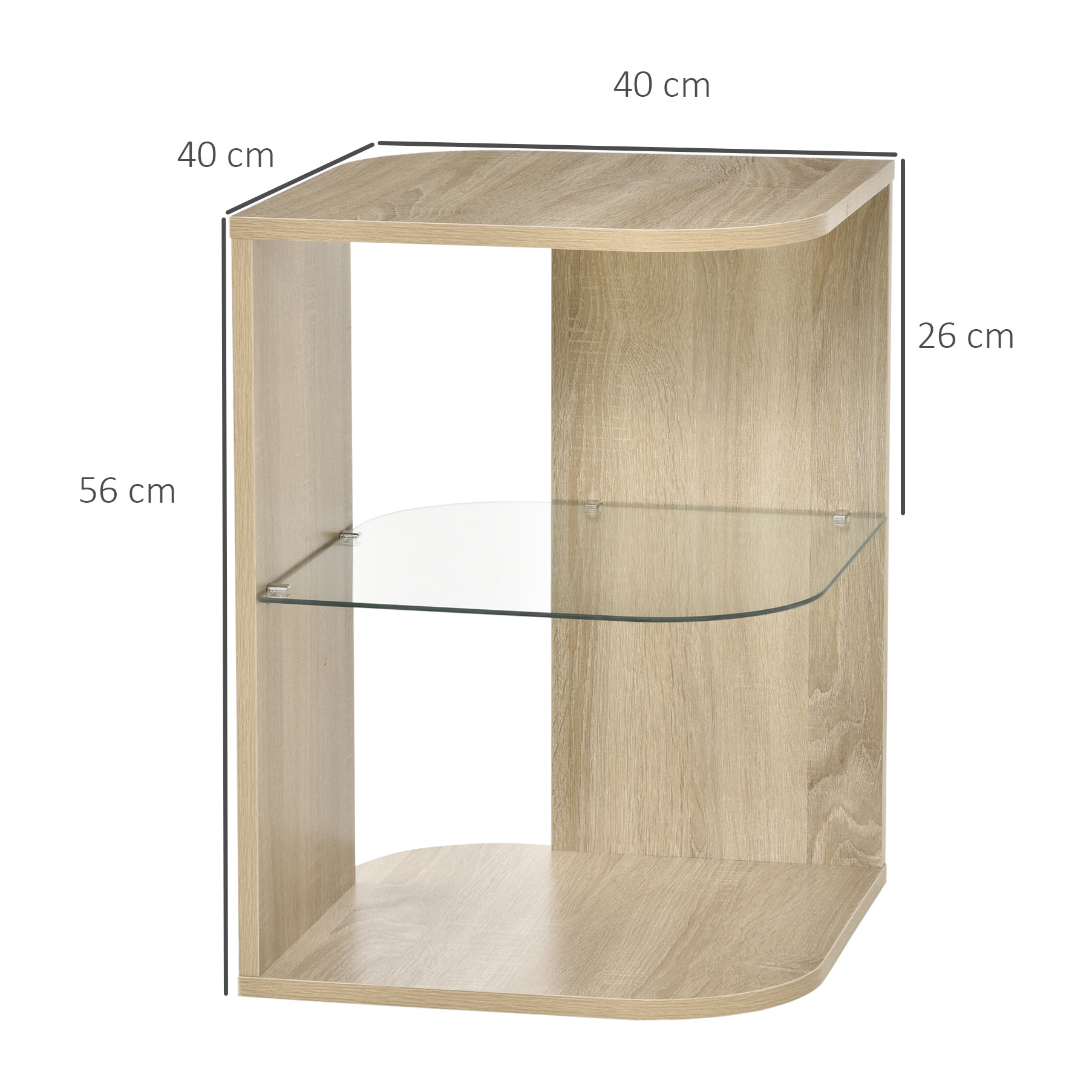 Guéridon design contemporain étagère verre trempé aspect chêne clair