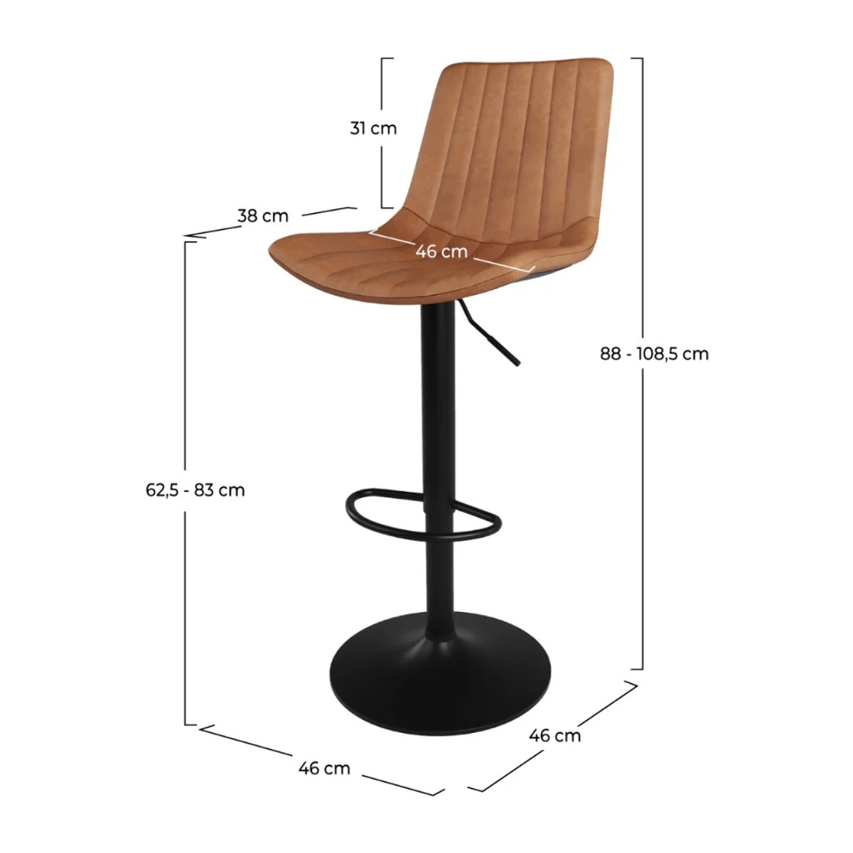 Lot de 2 chaises de bar réglables 62,5/83 cm camel en cuir synthétique - Killi