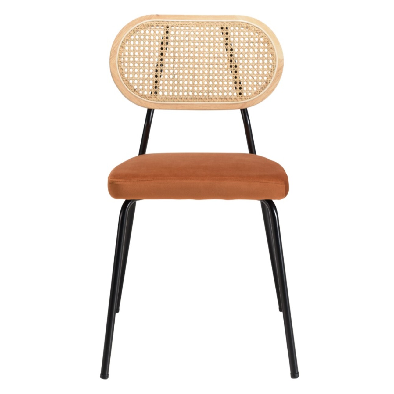 AGATHE - Lot de 2 chaises métal noir assise velours orange ambré dossier rotin