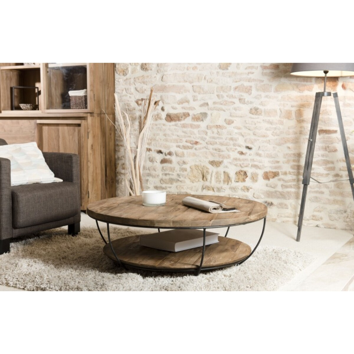 SIXTINE - Table basse coque ronde 100x100cm double plateau teck recyclé métal noir