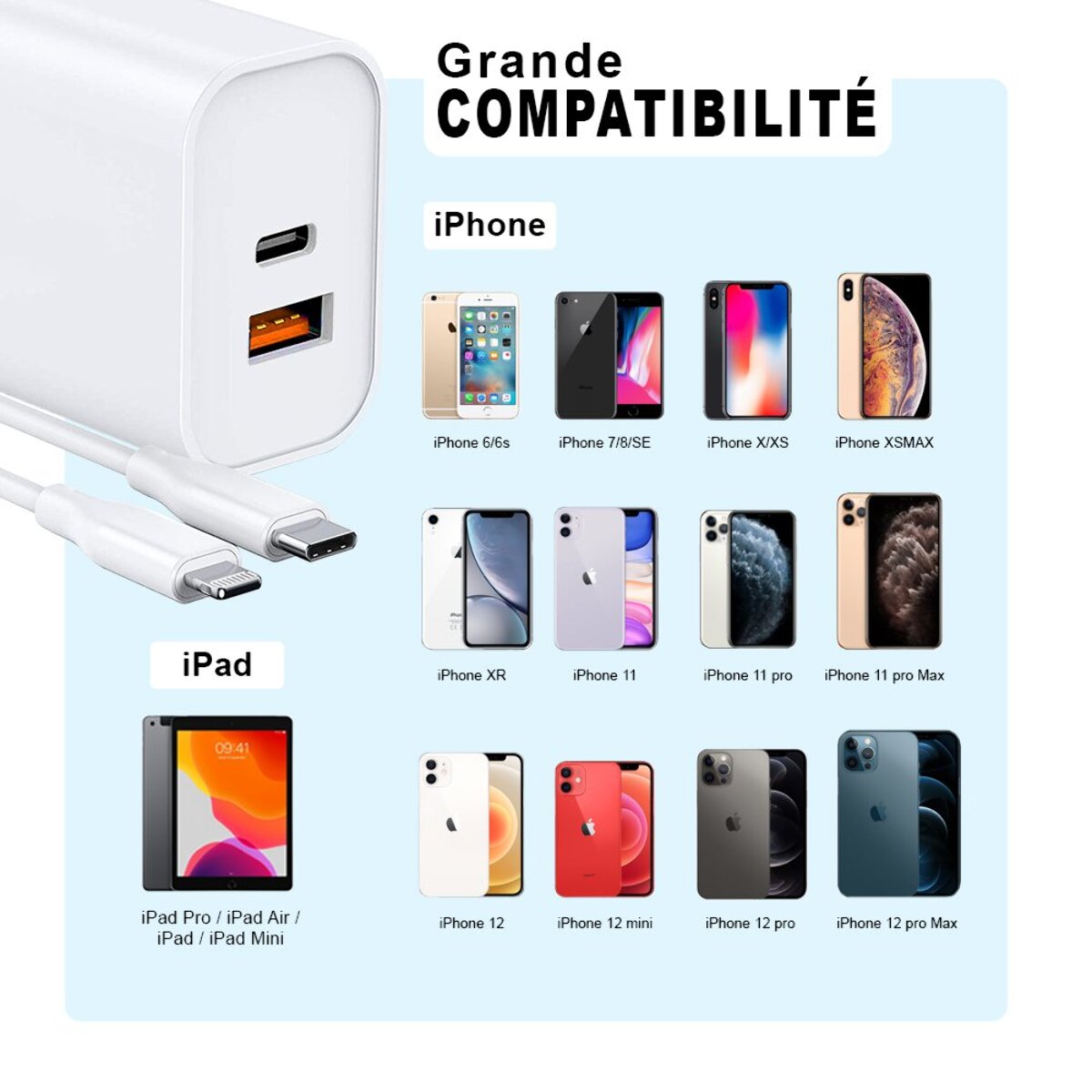 Chargeur iPhone 12 Mini ultra rapide Double Port 20 W fourni avec Cable USB-C