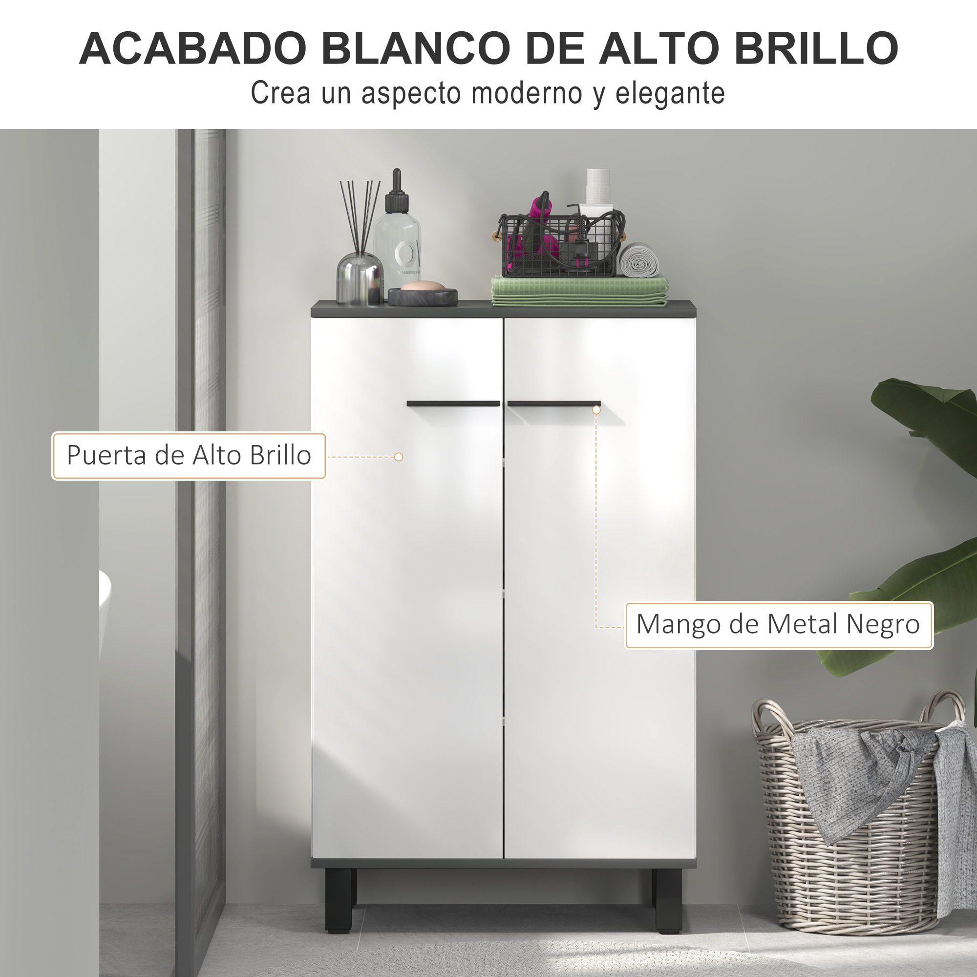 Armario de Baño Mueble Auxiliar de Baño con Puertas Estantes Ajustables y Sistema Anti-vuelco 60x34x94 cm Blanco Brillo