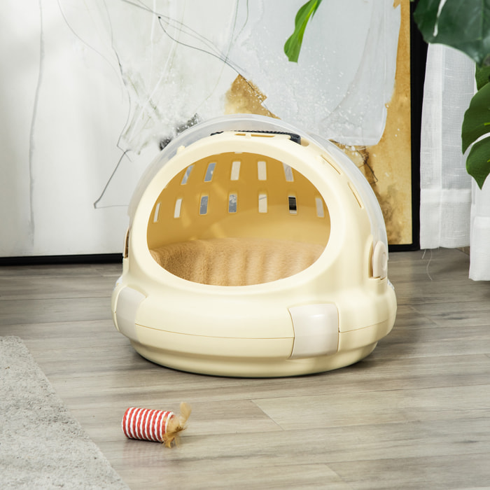 Maison chat - niche chat portable avec poignée - sac de transport chat verrouillable - coussin amovible inclus - dim. Ø 41 x 35,2H cm - PP beige