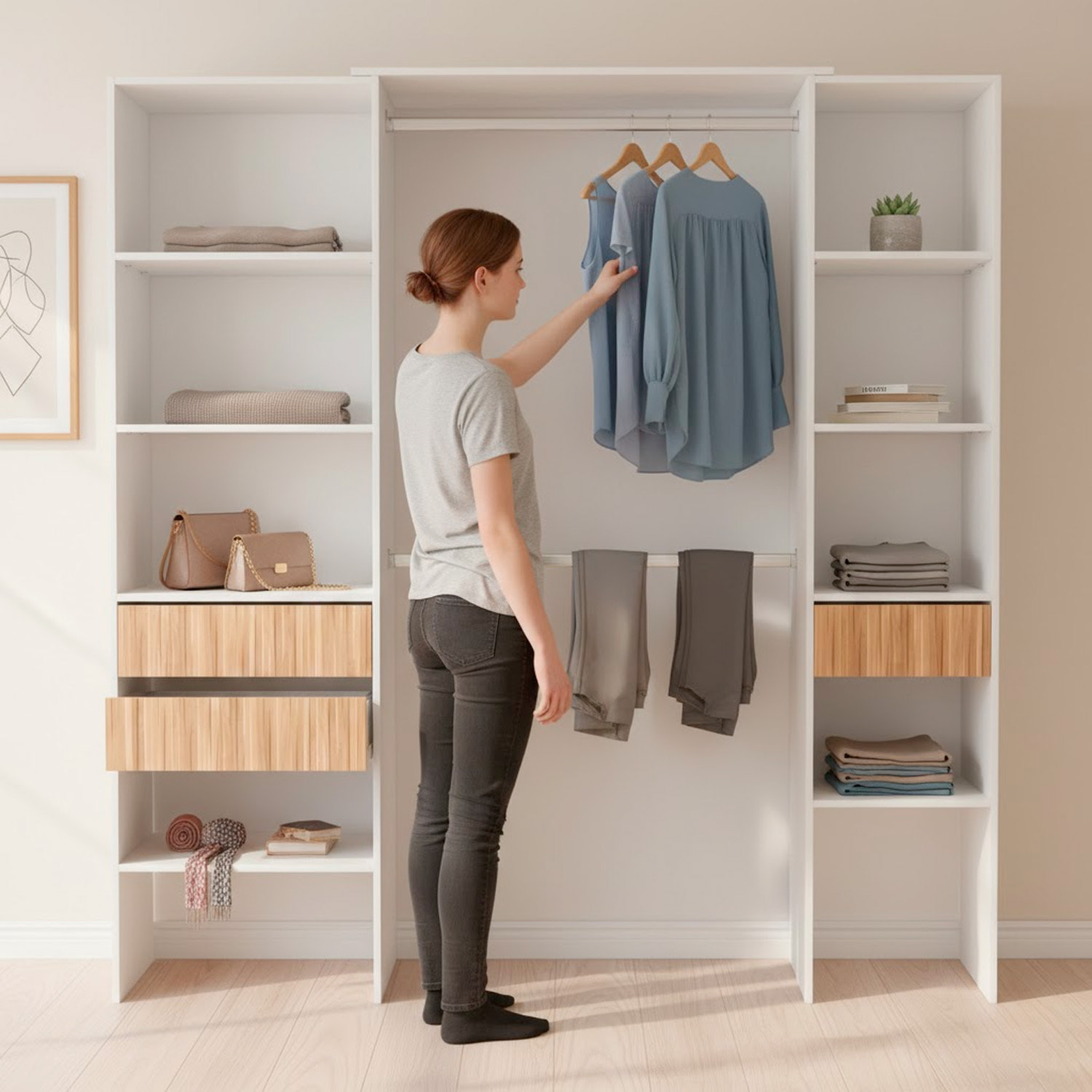 Armadio Guardaroba Aperto Con Ripiani Regolabili 3 Cassetti Doppio Appendiabiti In Alluminio Mobile Multiuso 190 x 187 x 40 Cm Bianco E Rovere Listato