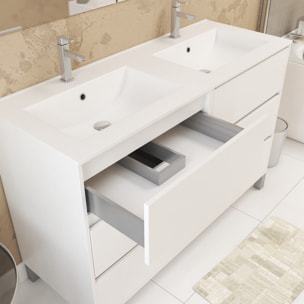 Meuble Salle de Bains 120 cm Laqué Blanc 6 Tiroirs, Vasque, Miroirs 60x80 et Réglettes Led - XENOS
