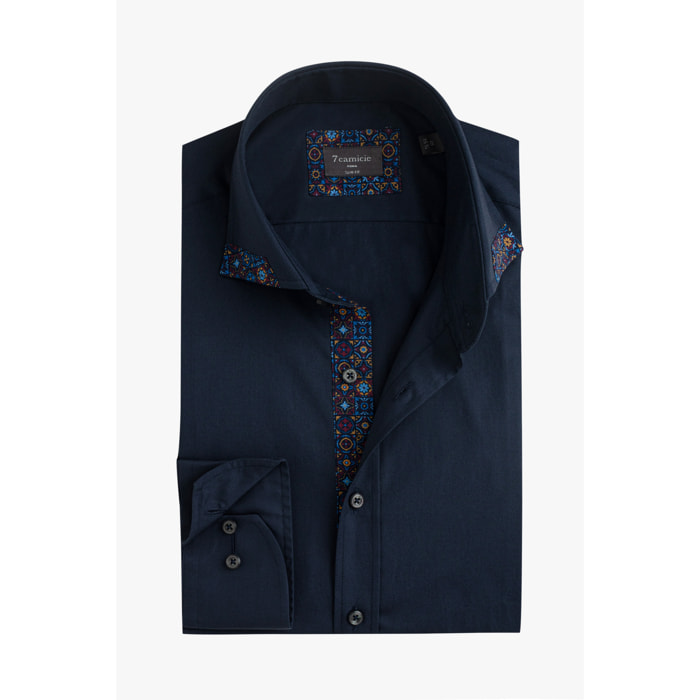 Camicia Uomo 1 Bottone Francese Contrasto sul Collo Popeline Stretch Unito Blu