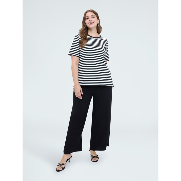 Fiorella Rubino - Camiseta de algodón a rayas con aplicaciones - Negro