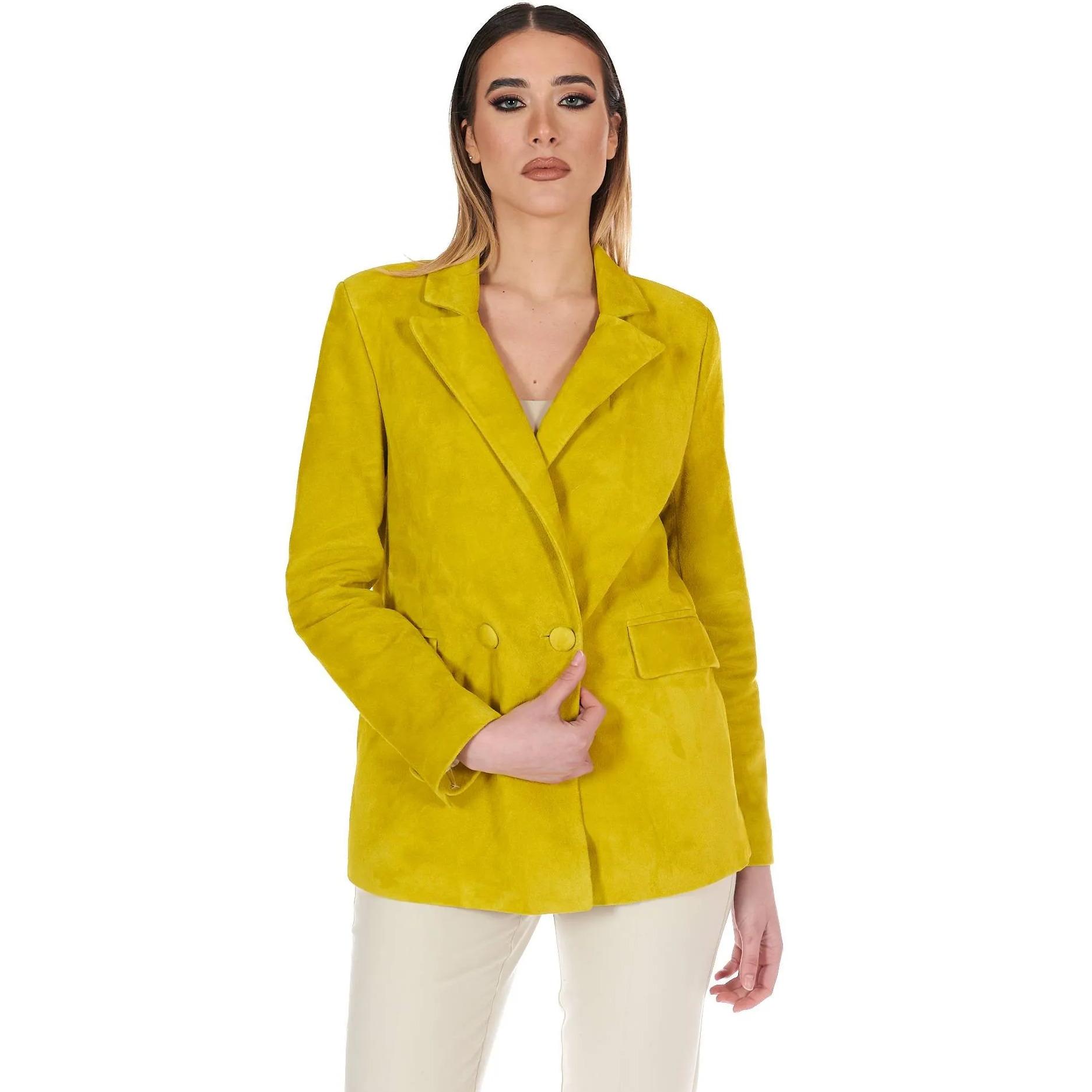 Blazer doppiopetto in pelle camoscio giallo chiusura bottone