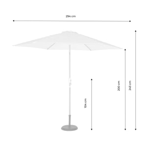 Parasol droit rond rayures beige Ø293cm mât central en aluminium imitation bois. orientable et manivelle d'ouverture