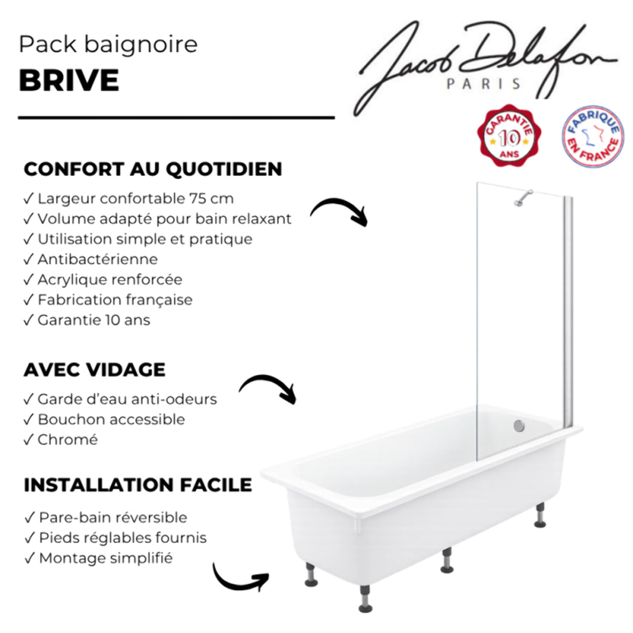 Pack baignoire droite 170 X 75 Brive + pare bain avec vidage chromé