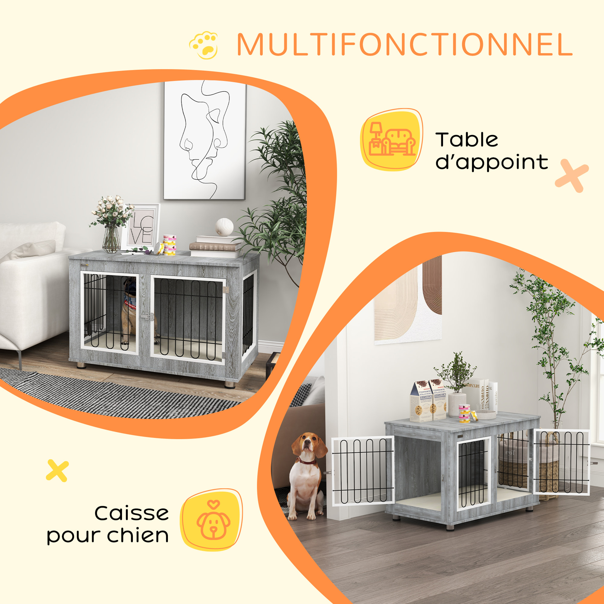 Cage pour chien sur pied - 2 portes verrouillables, coussin déhoussable inclus - acier filaire noir panneaux aspect bois gris