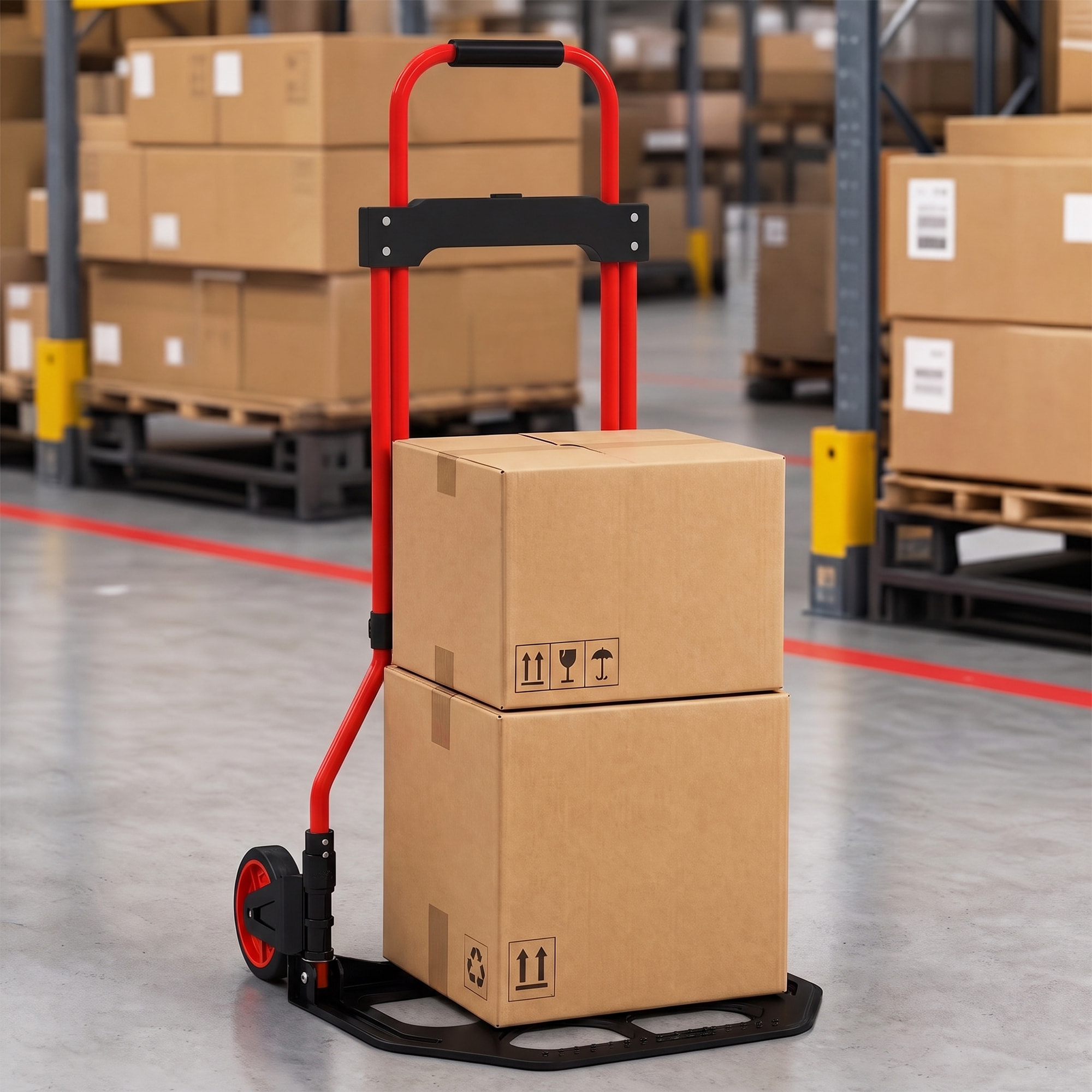 Carretilla Plegable con Mango Telescópico Ajustable, Carga 60 kg, Carretilla de Mano con Ruedas, para Garaje, Oficina, Equipaje, Viajes, Mudanzas y Compras, Rojo