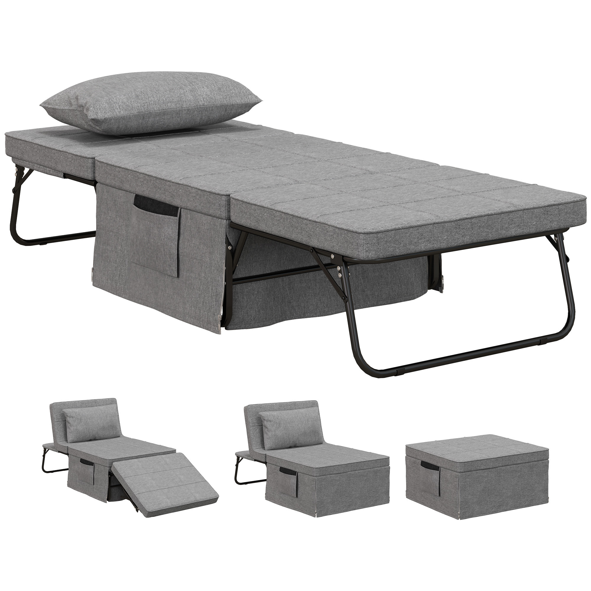 Sofá Cama de 1 Plaza 4 en 1, Sillón Cama Plegable, Otomana, Tapizado en Lino, con Respaldo Ajustable de 5 Niveles, Almohada Acolchada, para Oficina, Dormitorio, Salón, 75x80x74 cm, Gris
