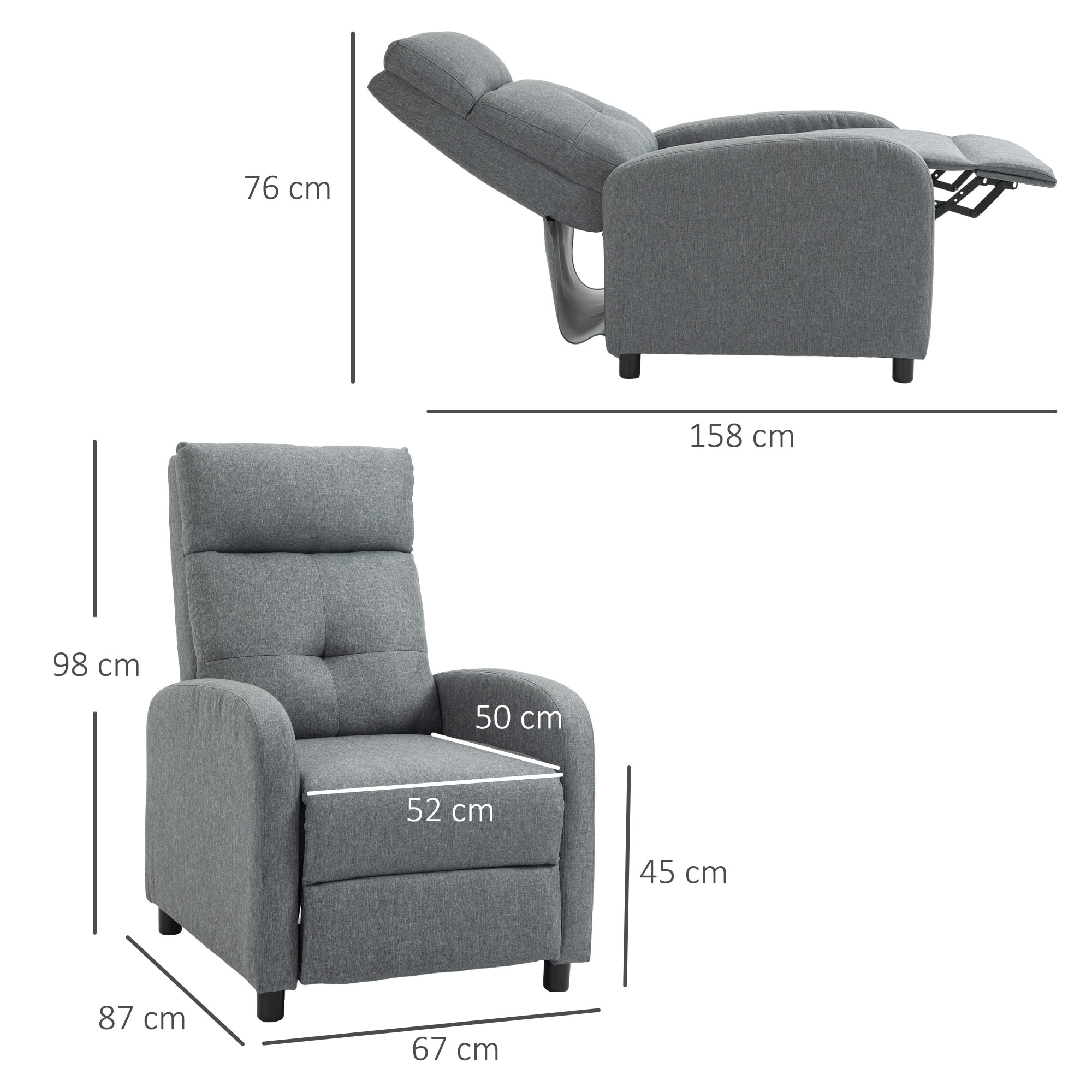 Sillón Relax Reclinable hasta 155° Sofá Reclinable Manual Tapizado en Tela Carga 150 kg para Personas de Menos de 195 cm de Altura Gris