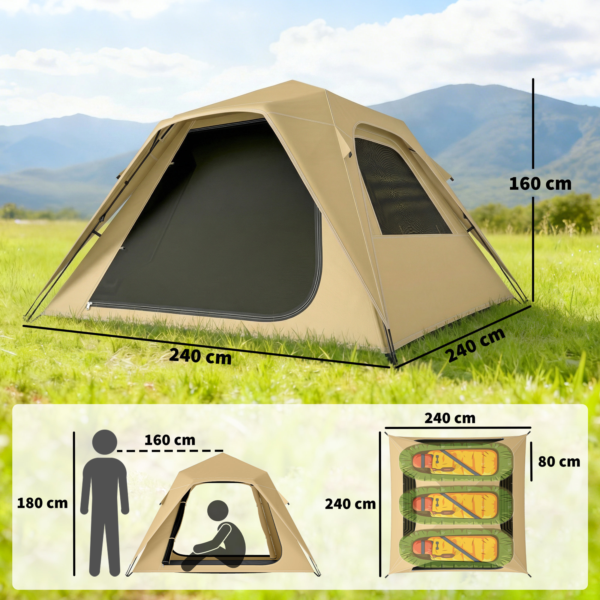 Tienda de Campaña Instantánea, Tienda Pop Up con Ventanas de Malla y Bolsa de Transporte, Impermeable 3000mm y Protección UPF50+, para 3-4 Personas, Caqui
