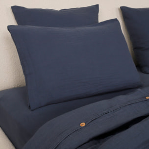 Parure housse de couette gaze de coton lavé bleu givrée