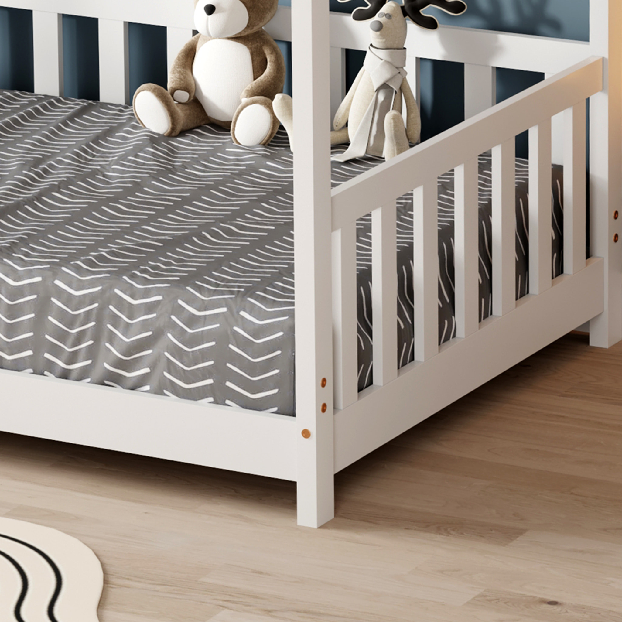 Lit Cabane Tchoupi 90 x 190 cm, Blanc, Bois de Pin Naturel, avec barrières latérales de sécurité