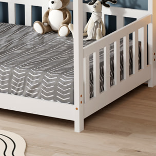 Lit Cabane Tchoupi 90 x 190 cm, Blanc, Bois de Pin Naturel, avec barrières latérales de sécurité