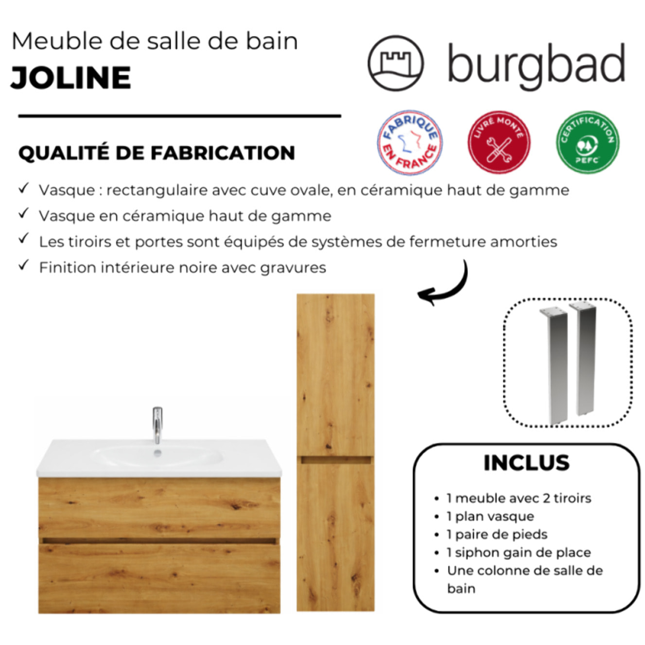 Pack meuble de salle de bain simple vasque BURGBAD Joline 80 cm chêne + colonne