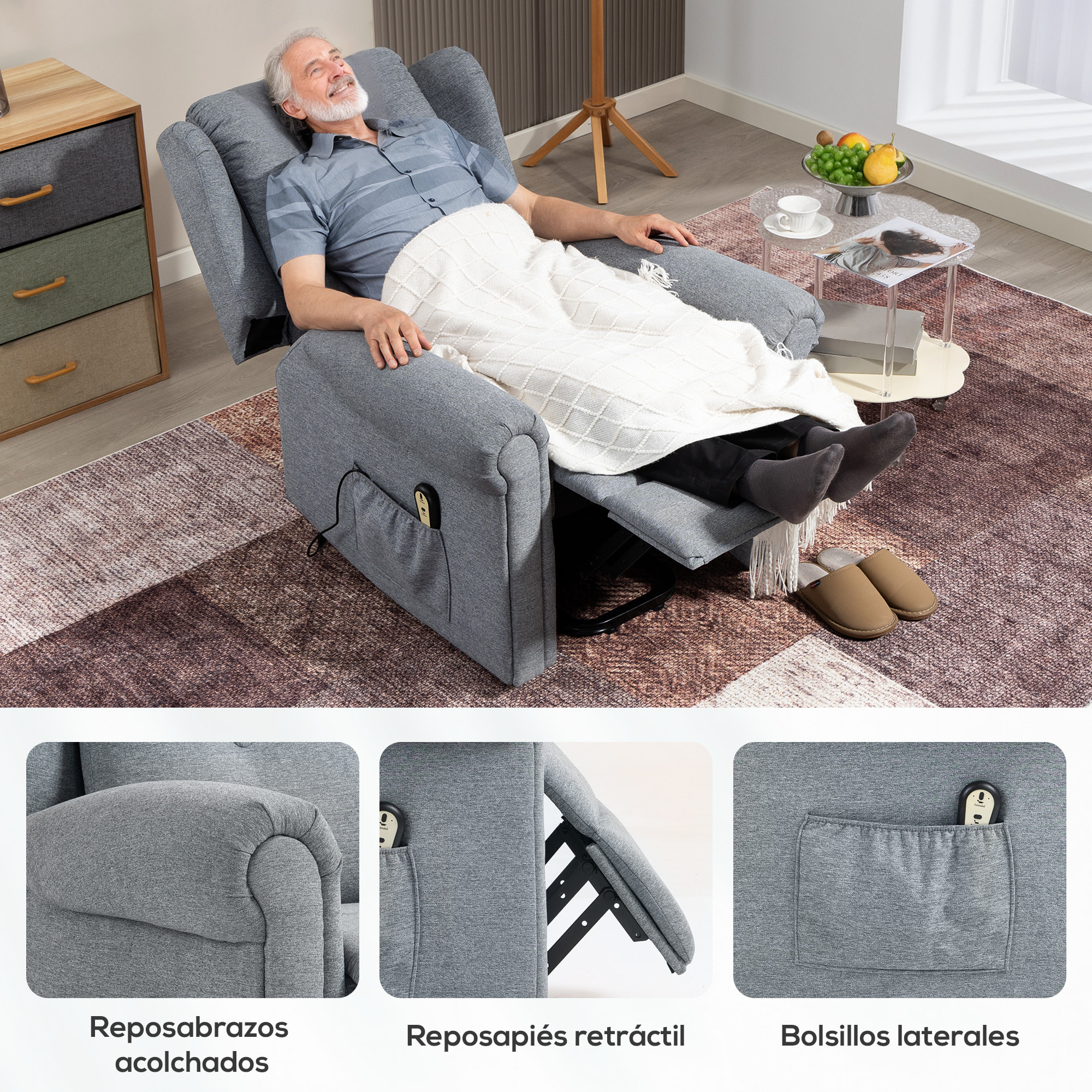 Sillón Relax Reclinable Eléctrico Levanta Personas Sillón Elevador con Respaldo Alto Capitoné Control Remoto Tapizado en Lino y Bolsillos Laterales Gris