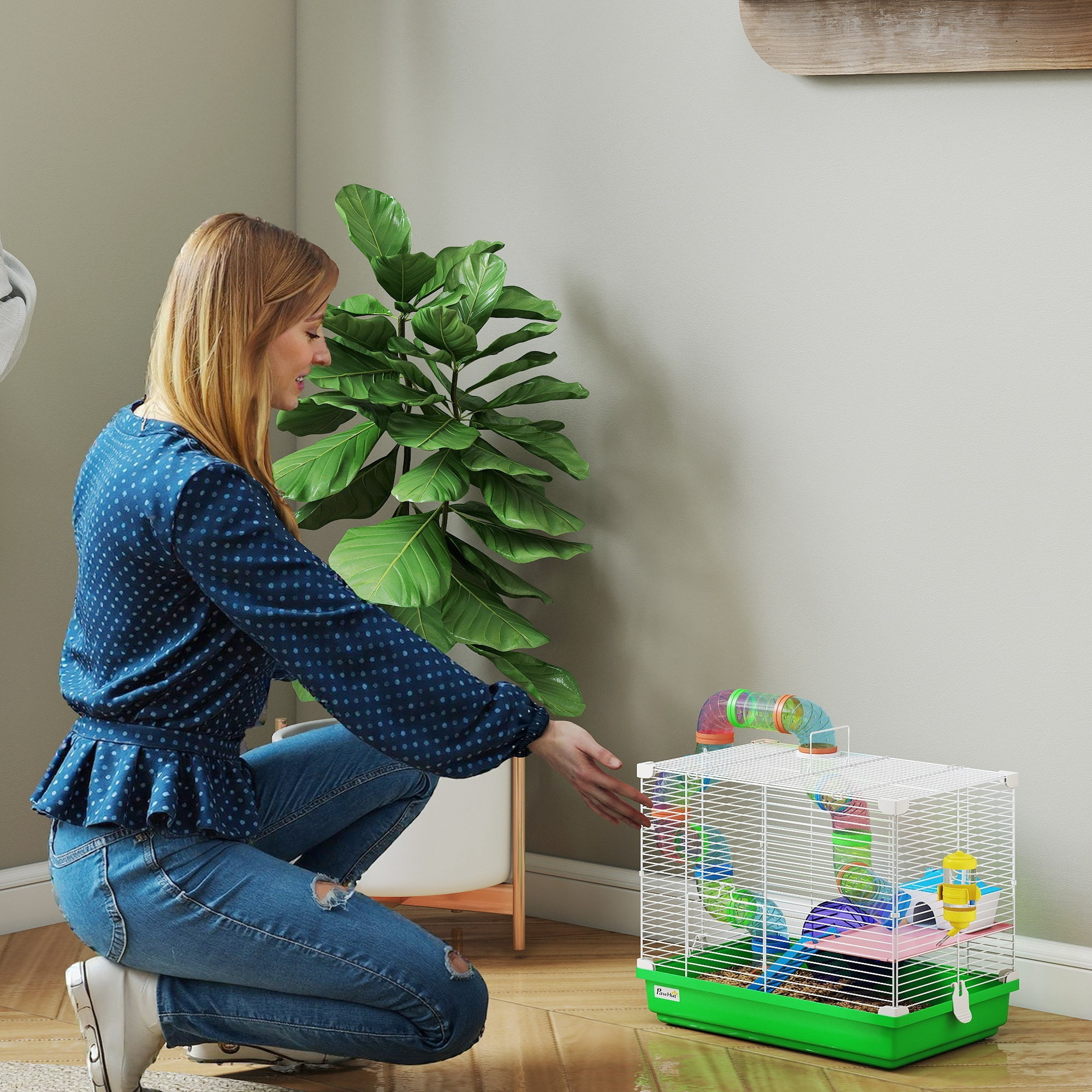 Cage à hamster 2 niveaux avec poignée - avec tunnel, biberon eau, roue, maisonnette, échelles - vert