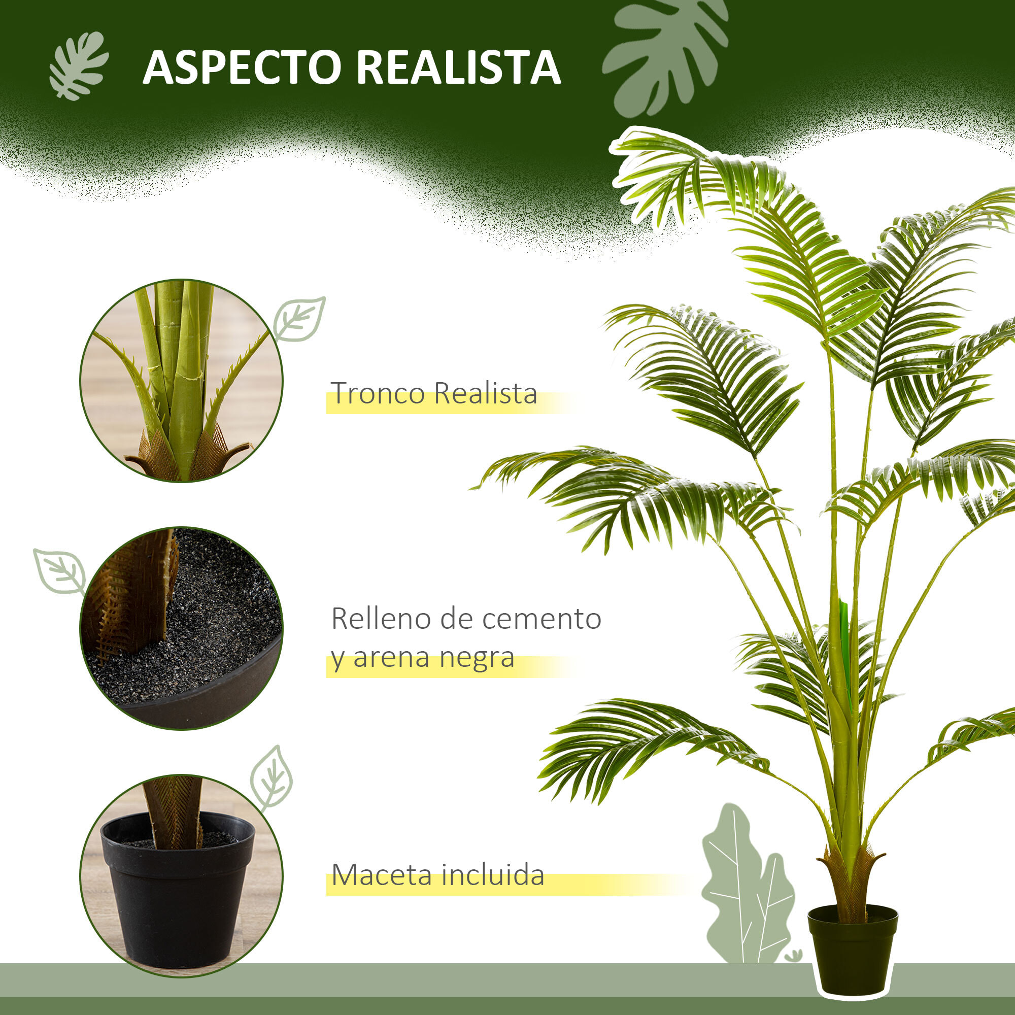 Palmera Areca Artificial 170 cm Árbol Artificial con 11 Hojas Realistas y Maceta de Plástico Decoración para Interior y Exterior Salón Oficina Balcón Ø15x170 cm Verde